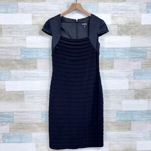 Adrianna Papell Shutter Pleat Sheath Dress Black Short Sleeve Evening Womens 8